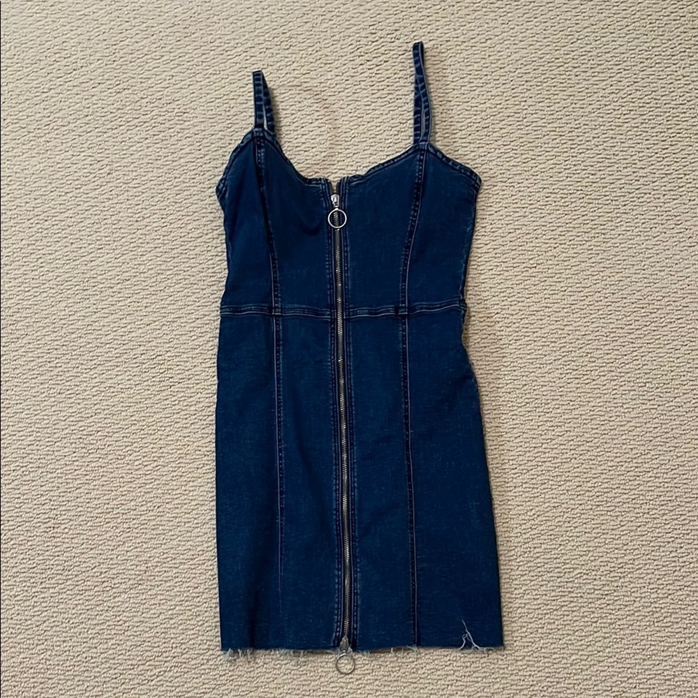 Dark Blue Denim Zip-Front Spaghetti Strap Dress
